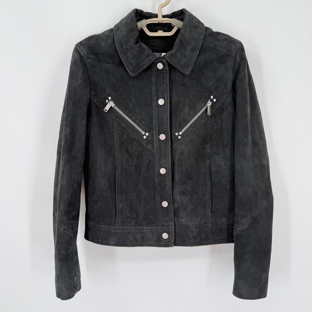 Mint Velvet 100% Suede Leather Western Jacket zipper Charcoal Biker EU 36 US 4